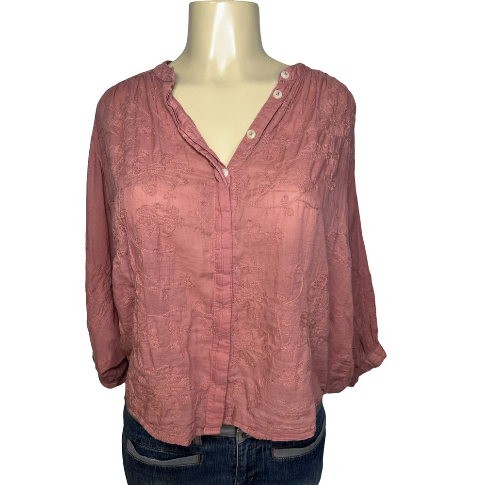 Pilcro Blouse Womens XS Pink Embroidered Floral Dolman Sleeve Boho Tunic Top